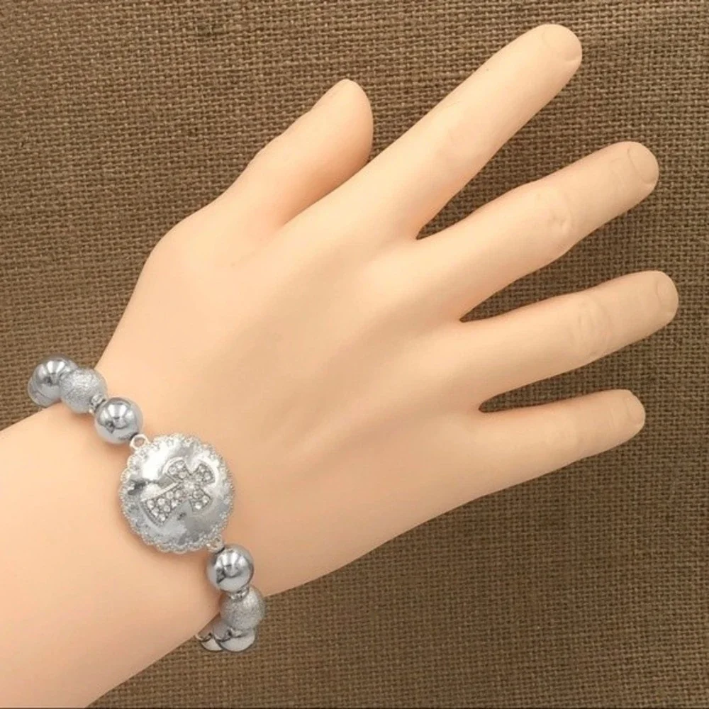 🌼 Cross Rhinestone Silver Beaded Stretch Bracelet